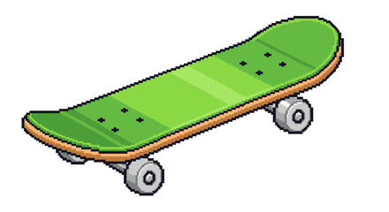Pixel art green skateboard icon with white wheels and trucks, clean design
