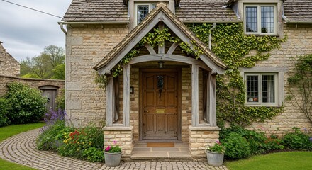Charming Stone Cottage Entrance with Ivy