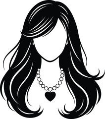 Woman silhouette with long flowing hair, black vector portrait, necklace and earrings, beauty and fashion design element, elegant female profile illustration