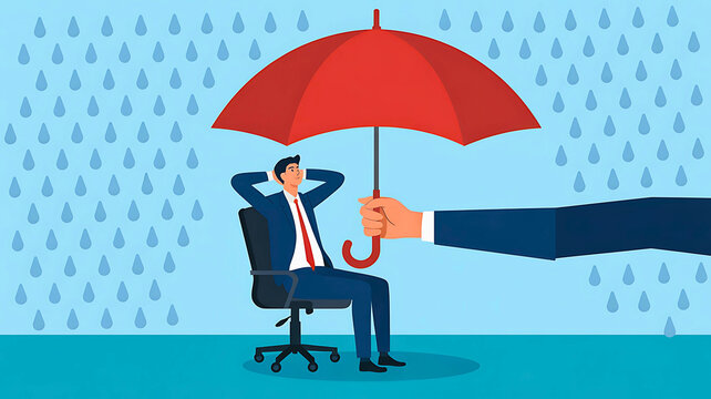 Conceptual illustration of business protection and insurance, showing a relaxed manager shielded from a rain storm by a supportive hand holding a red umbrella