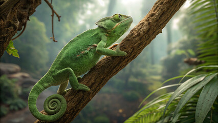 Arboreal Green Chameleon Gripping Tree Trunk