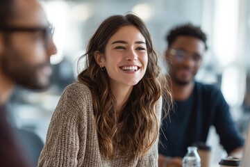 Radiant Collaboration: A team engages in vibrant discussion, where a confident woman with a genuine smile and others present, embodying an environment of open dialogue and mutual support.