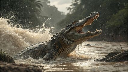 Alligator Resting on Wet River Shore