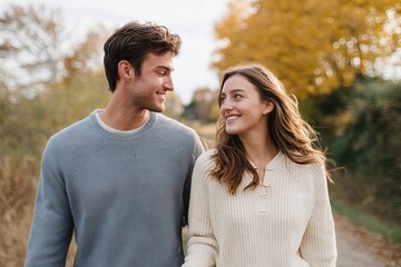 Fototapeta premium Romantic Stroll in Autumn: A radiant couple shares a tender moment during a serene autumn walk, embodying the warmth and intimacy of love amidst the vibrant hues of fall.