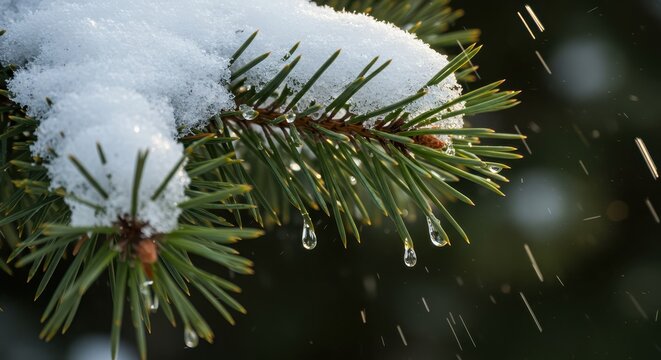Snow-covered pine branch with melting icicles in winter setting  