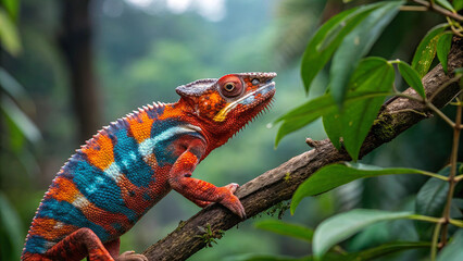Colorful Panther Chameleon with Bright Red and Blue