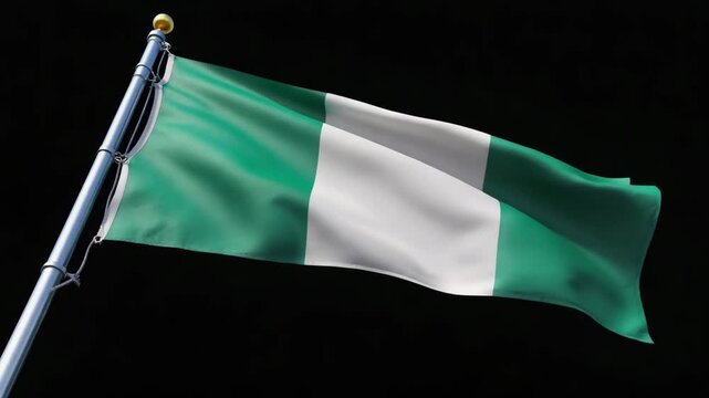 Dynamic Nigerian flag waves proudly against a dark background, symbolizing national pride and patriotism in motion.