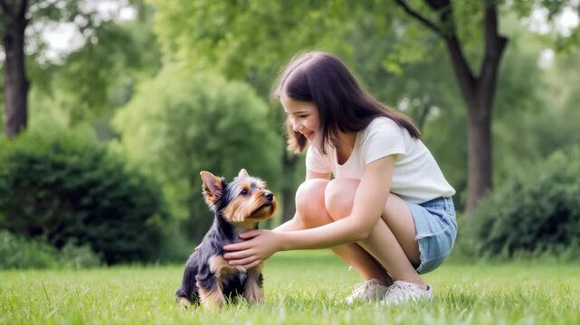 Happy young breeder caring for Yorkshire Terrier dog in a sunlit green park during summer