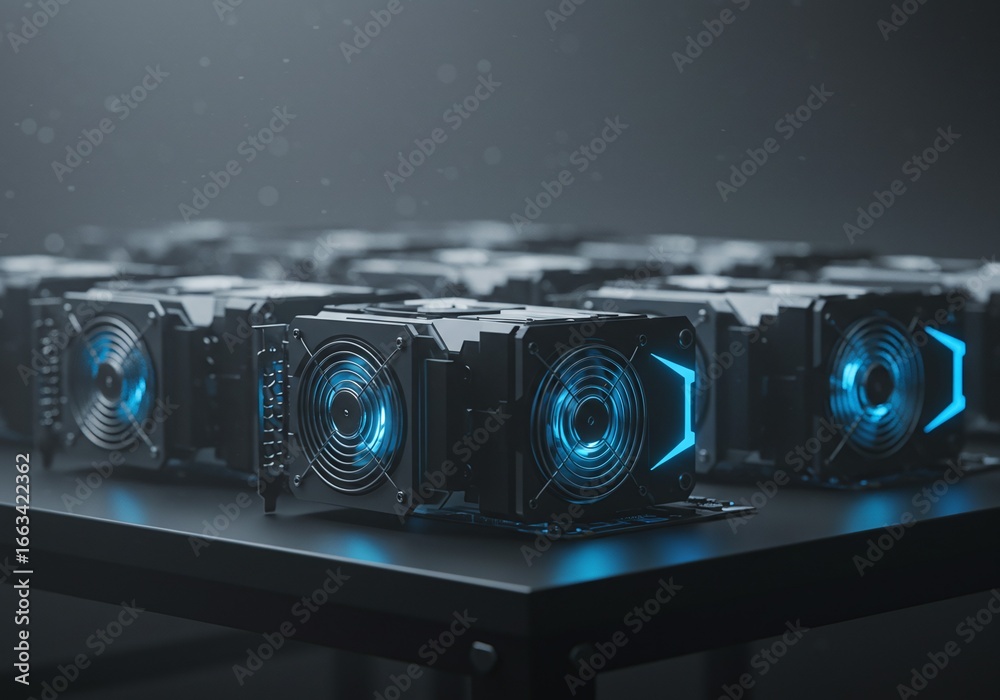 Wall mural an impressive array of advanced computing units with vibrant blue illuminated fans, representing sig
