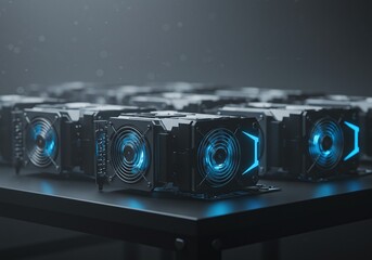 An impressive array of advanced computing units with vibrant blue illuminated fans, representing significant digital processing power and robust tech infrastructure