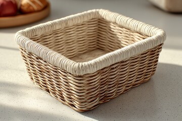 Obraz premium Woven basket with fabric lining on a countertop