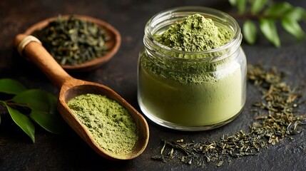 Matcha green tea powder in jar and spoon for healthy drink and antioxidant rich food concept photo