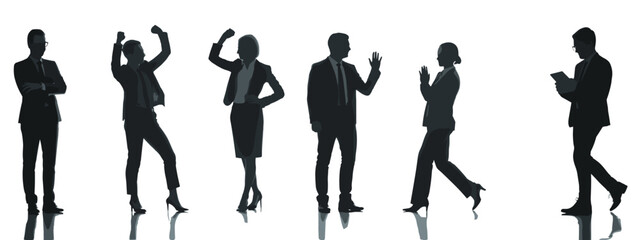 Business people silhouette teamwork success, corporate professionals discussion, office workers collaboration, leadership meeting, business communication concept, modern workplace illustration