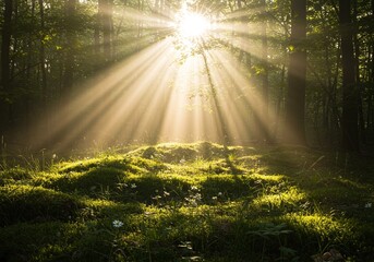 Golden sunbeams pierce through the dense forest canopy, illuminating a lush moss-covered ground with a mystical glow, creating a serene and enchanting woodland scene
