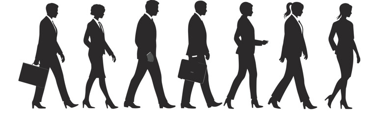 Silhouettes of business people walking, teamwork, professional collaboration, leadership, office workers, partnership, management, success, corporate lifestyle, career growth, progress illustration