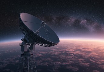 Massive parabolic satellite dish orbiting Earth against a breathtaking cosmic backdrop, symbolizing global communication, scientific exploration, and advanced space technology