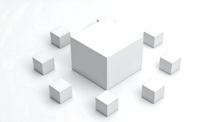 Obraz premium A central white cube surrounded by smaller white cubes
