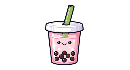 Charming kawaii pastel pink bubble tea drink illustration with a happy face, dark tapioca pearls, and a green straw, a cheerful beverage icon