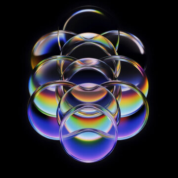 Iridescent abstract crystal glass object floating reflecting colorful light. 3d abstract shape