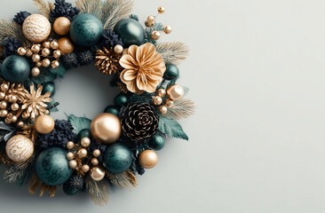 Beautiful Christmas wreath on light background, flat lay. Space for text