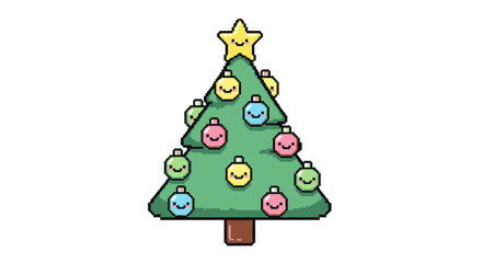 Kawaii Pixel Christmas Tree Pastel Baubles, Smiley Faces, and Festive Cheer in Vector Art