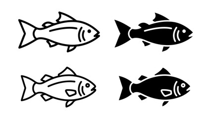 A collection of four fish icons, featuring both black outline and solid silhouette styles, isolated on a clean white background.