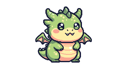 Adorable Pixelated Dragon Illustration Cute Kawaii Icon with Tiny Wings and Chubby Cheeks