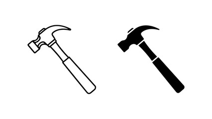 Claw Hammer Icon Set in Line Art and Solid Silhouette Styles Isolated on a White Background