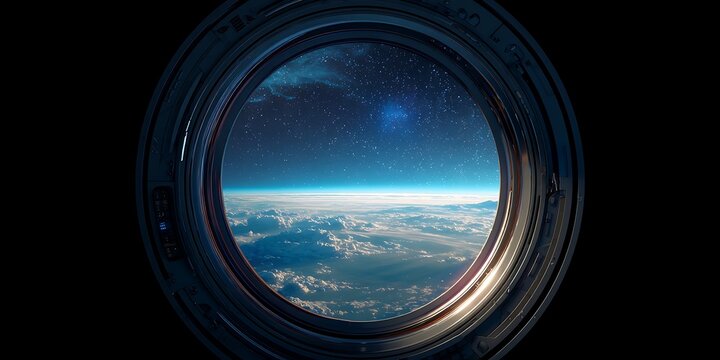 Fototapeta Spaceship window view. Porthole from rocket to dark sky with Earth, stars, planets. Shuttle with round glass window. Spaceship exploration or universe traveling. Created with.