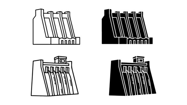 Set of Hydroelectric Dam Illustrations, Featuring Outline and Silhouette Designs on a White Background