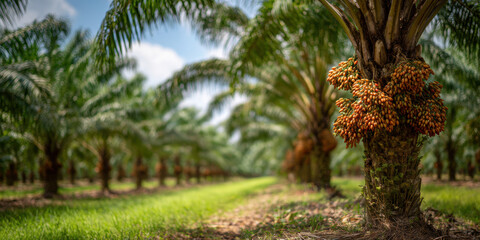 Fototapeta premium Lush palm oil plantation with ripe fruit bunches on trees under clear blue sky