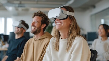 Immersive Technology Experience: A group of individuals are engaged in virtual reality. The scene is filled with a sense of wonder and excitement.