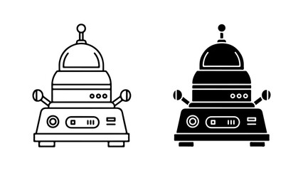 Vintage Robot Machine Icon Set in Outline and Solid Glyph Styles. Retro Futuristic Technology Illustration Isolated on White Background.