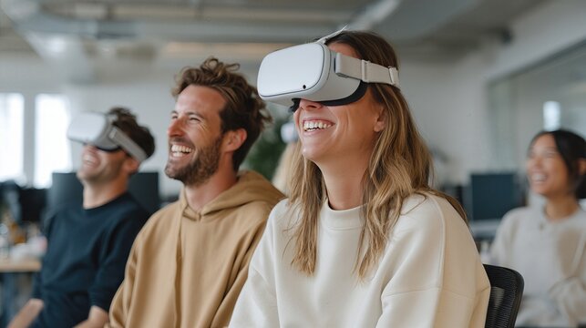 Immersive Technology Experience: A group of individuals are engaged in virtual reality. The scene is filled with a sense of wonder and excitement.