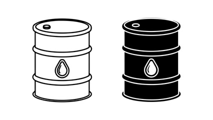 Oil barrel icons in outline and silhouette styles. Vector illustration of fuel drums with a liquid drop symbol, isolated on a white background.