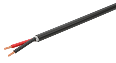 Stripped electrical wire with exposed copper strands and red and grey insulation, ready for connection and power transmission.