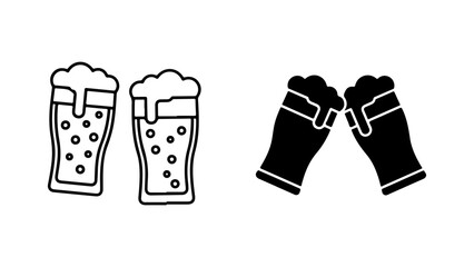 Set of Beer Glass Icons in Outline and Solid Glyph Styles, Depicting a Toast on a White Background