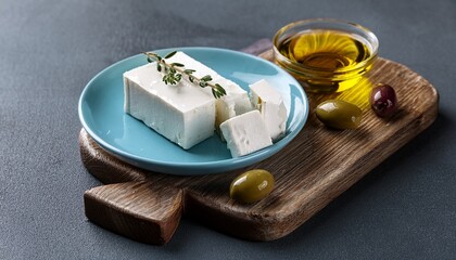 Feta cheese on a pale blue ceramic plate with EVO oil and olives on wooden cutting board on gray table. Generated image