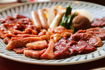 焼肉の食材盛り合わせ・牛肉・バーベキュー・和食・食材背景