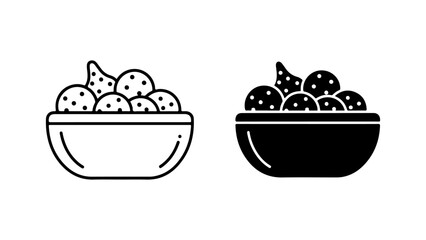 Snack Bowl Icon Set with Round Bites and a Chip, in Outline and Solid Styles