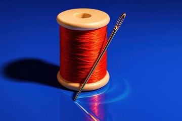 Red thread spool with needle on blue. Use for fashion, sewing, crafts, and textile design visuals 
