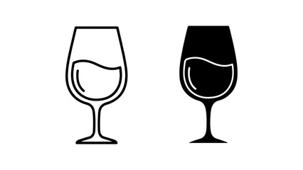 Simple Wine Glass Icon Set with Outline and Solid Silhouette Styles, Isolated on White Background