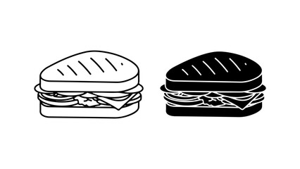 Grilled Panini Sandwich Icon Set, Black and White Vector Illustration with Line Art and Silhouette Styles