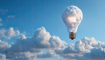 A lightbulb made of clouds floats in a vibrant blue sky