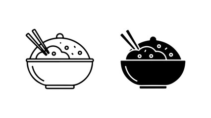 Rice Bowl with Chopsticks Icon Set in Outline and Solid Glyph Styles on a White Background