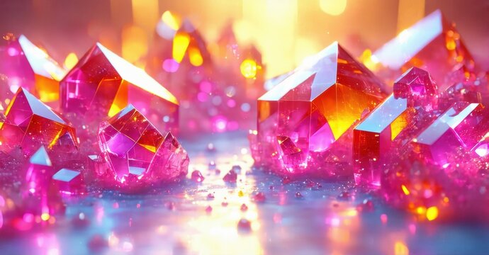 Vibrant pink crystals illuminate scene. Light reflects, creating dazzling, magical atmosphere. Beautiful geometry, captivating colors.