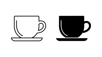 Set of Two Coffee Cup Icons, Line Art and Silhouette Style, Isolated on a White Background