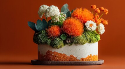 Orange & white floral arrangement in concrete vessel