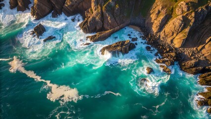 Rocky coast with crashing waves, perfect for travel, nature, or marine themes in designs, websites, or promotional materials.