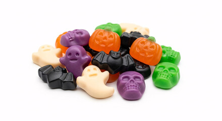 A pile of halloween themed gummy candies including pumpkins ghosts bats and skulls on a white background